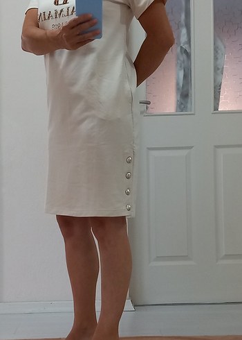 Bej Pamuklu Düğmeli Hamile Elbisesi - Görsel 8