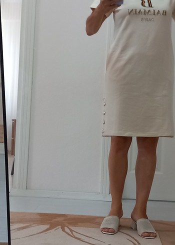 Bej Pamuklu Düğmeli Hamile Elbisesi - Görsel 11