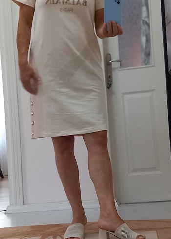 Bej Pamuklu Düğmeli Hamile Elbisesi - Görsel 9