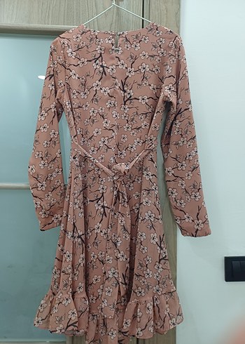 Bej Çiçek Desenli Uzun Kollu Midi Tunik Elbise - Görsel 3