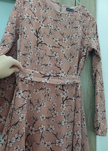 Bej Çiçek Desenli Uzun Kollu Midi Tunik Elbise - Görsel 4