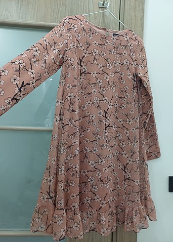 Bej Çiçek Desenli Uzun Kollu Midi Tunik Elbise - Görsel 2