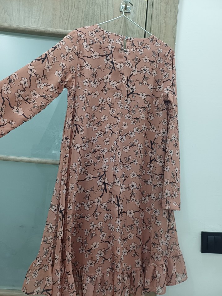 Bej Çiçek Desenli Uzun Kollu Midi Tunik Elbise - Görsel 5