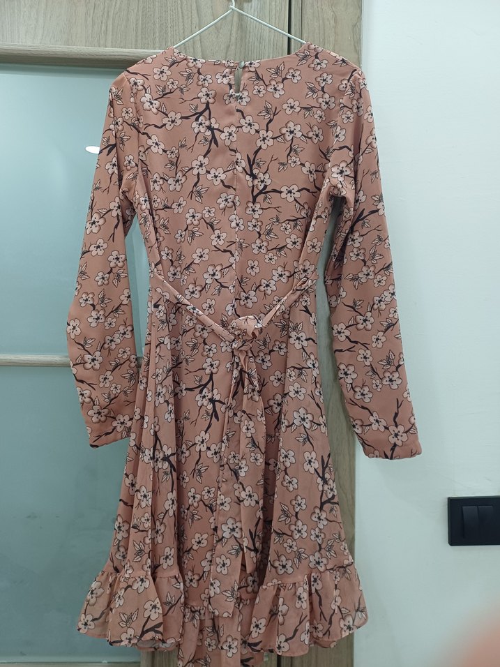 Bej Çiçek Desenli Uzun Kollu Midi Tunik Elbise - Görsel 3