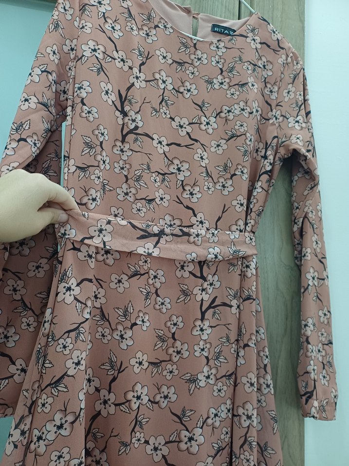 Bej Çiçek Desenli Uzun Kollu Midi Tunik Elbise - Görsel 4