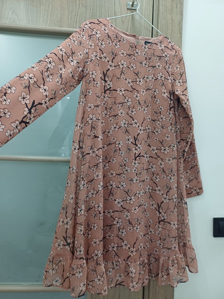 Bej Çiçek Desenli Uzun Kollu Midi Tunik Elbise - Görsel 2