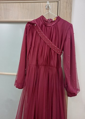 Bordo Uzun Drapeli Abiye Elbise - Görsel 7