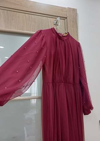 Bordo Uzun Drapeli Abiye Elbise - Görsel 3