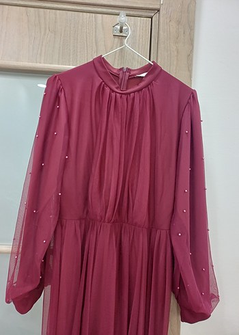 Bordo Uzun Drapeli Abiye Elbise - Görsel 2