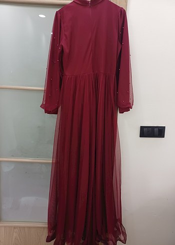 Bordo Uzun Drapeli Abiye Elbise - Görsel 4