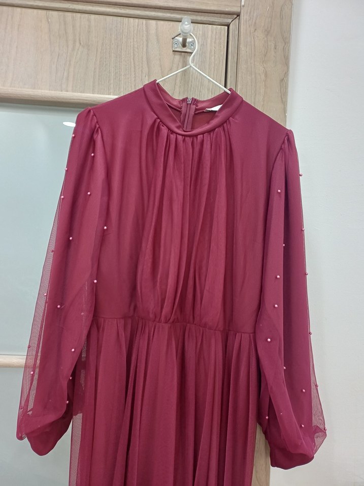 Bordo Uzun Drapeli Abiye Elbise - Görsel 2