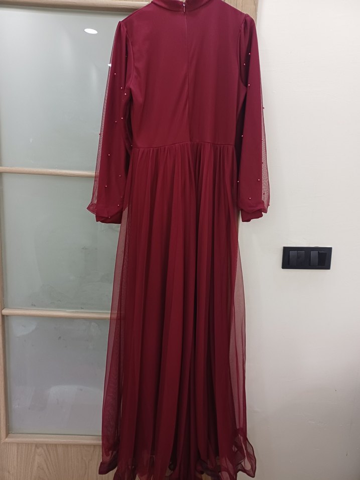 Bordo Uzun Drapeli Abiye Elbise - Görsel 4