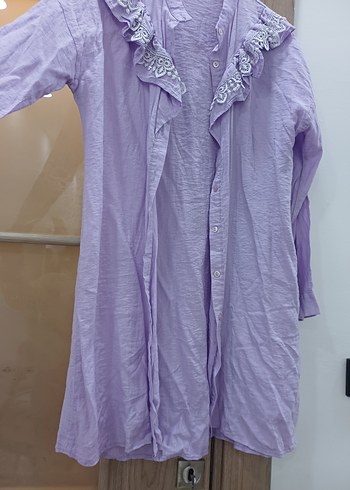 Uzun Kollu Dantelli Lila Kadın Gömlek - Görsel 3