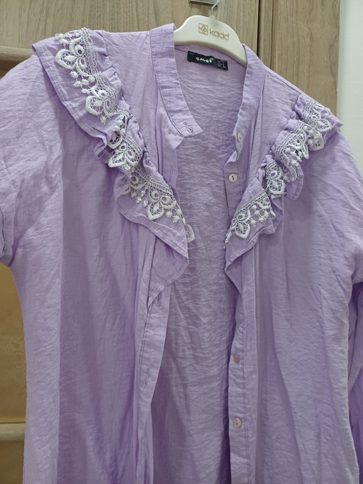 Uzun Kollu Dantelli Lila Kadın Gömlek - Görsel 2