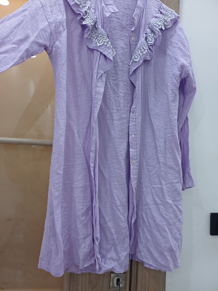 Uzun Kollu Dantelli Lila Kadın Gömlek - Görsel 3