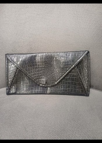 Gri Yılan Derisi Desenli Deri Kadın Clutch Çanta - Görsel 4