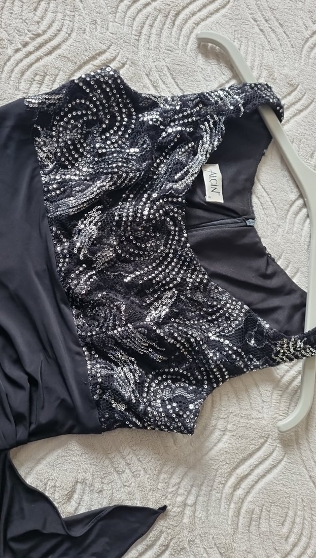 Drapeli  Siyah  Abiye Elbise - Görsel 5