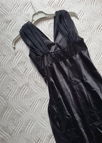 Siyah Drapeli V Yakalı Uzun Abiye Saten Elbise - Görsel 7