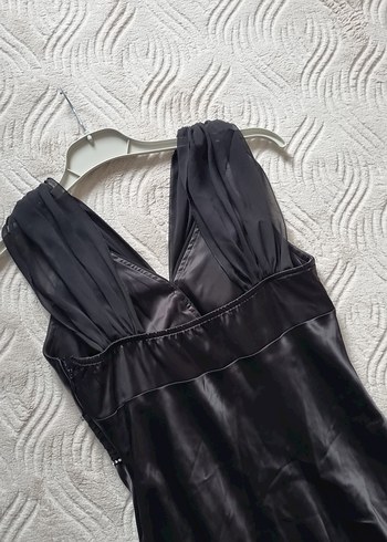 Siyah Drapeli V Yakalı Uzun Abiye Saten Elbise - Görsel 6