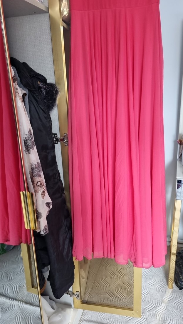 Pembe V Yaka Drapeli Uzun Abiye Elbise - Görsel 3