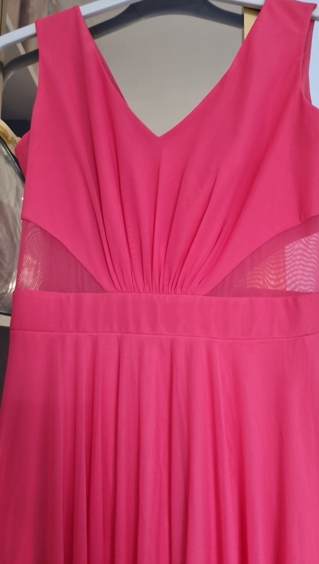 Pembe V Yaka Drapeli Uzun Abiye Elbise - Görsel 2