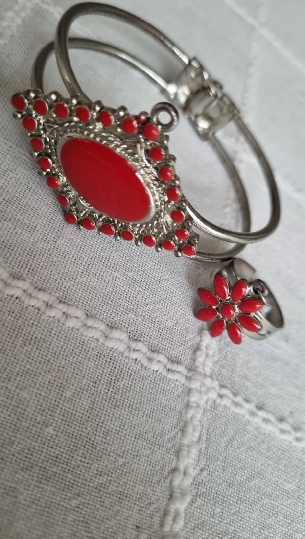 Kırmızı Boncuklu Bohem Kadın Bileklik ve yuzuk - Görsel 2