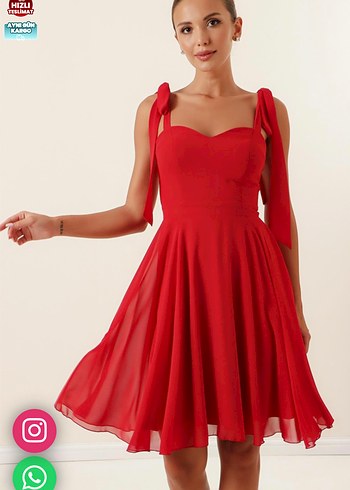 Kırmızı Midi Drapeli Strappy Kadın Elbise - Görsel 8