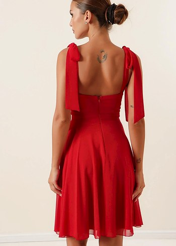 Kırmızı Midi Drapeli Strappy Kadın Elbise - Görsel 9