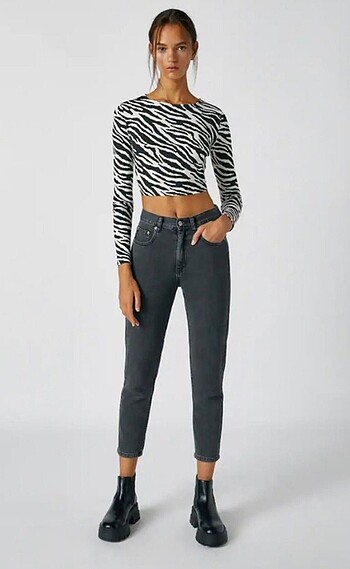 Pull and Bear Antrasit Mom Fit Jeans