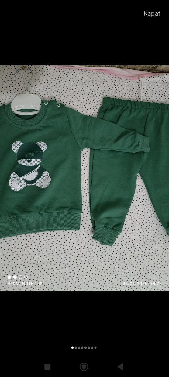 Uzun Kollu Yeşil Erkek Bebek Takımı Ayıcık Desenli - Görsel 3