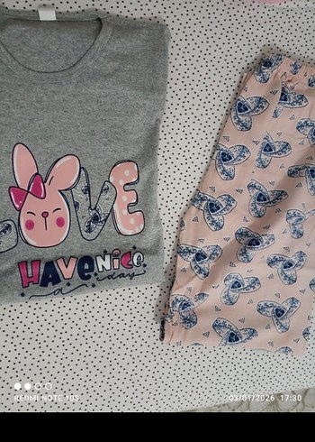 Gri Baskılı kız çocuk Kısa Kollu  Pijama Takımı - Görsel 3