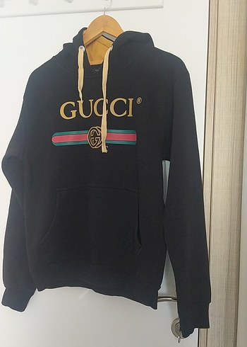Erkek Siyah Gucci Baskılı Kapüşonlu Sweatshirt