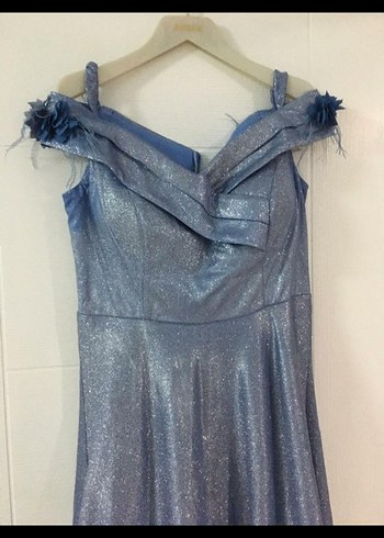 Kayık Yaka Drapeli Uzun Mavi Abiye Elbise - Görsel 5