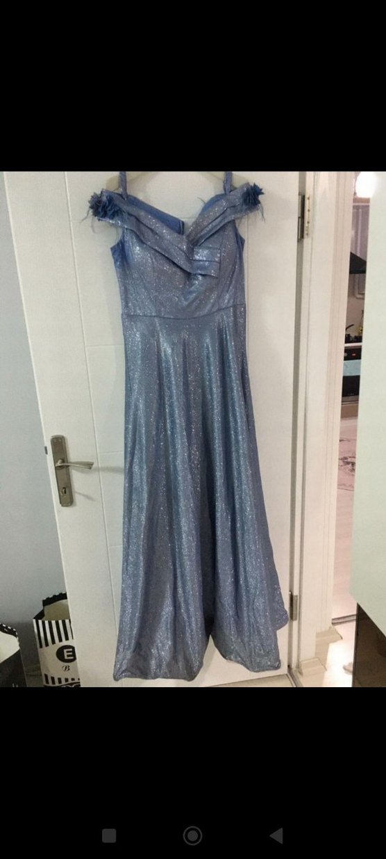 Kayık Yaka Drapeli Uzun Mavi Abiye Elbise - Görsel 3