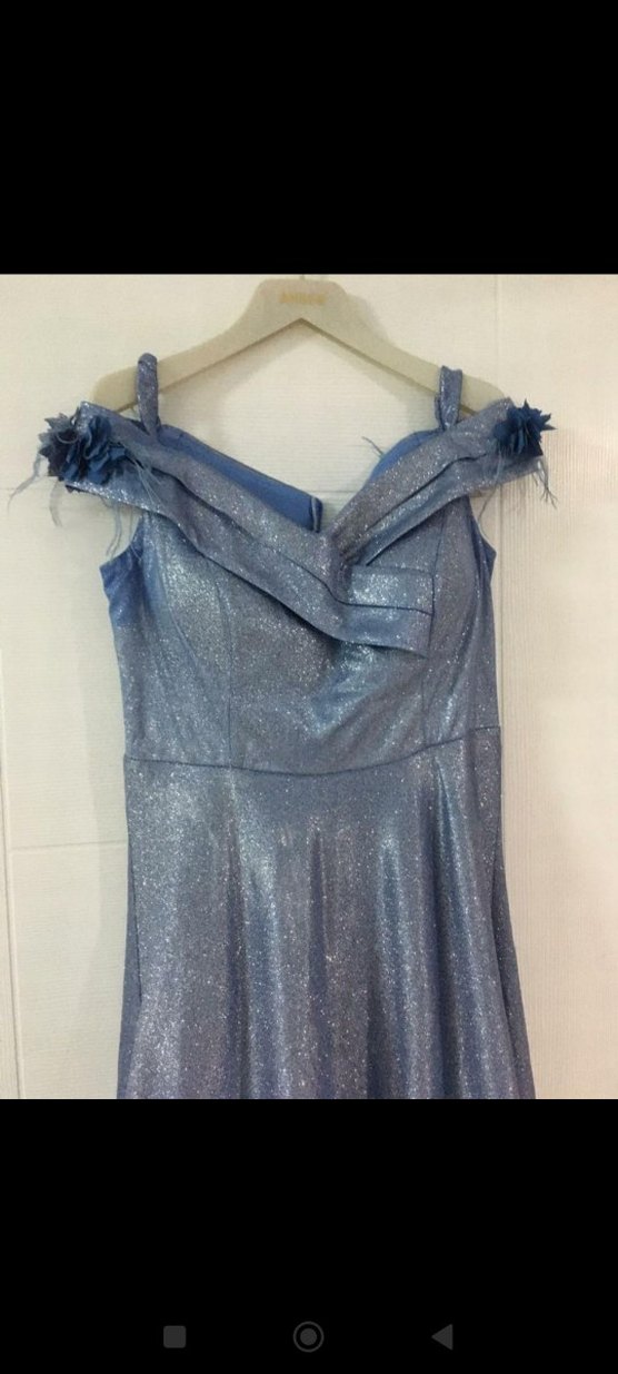 Kayık Yaka Drapeli Uzun Mavi Abiye Elbise - Görsel 5