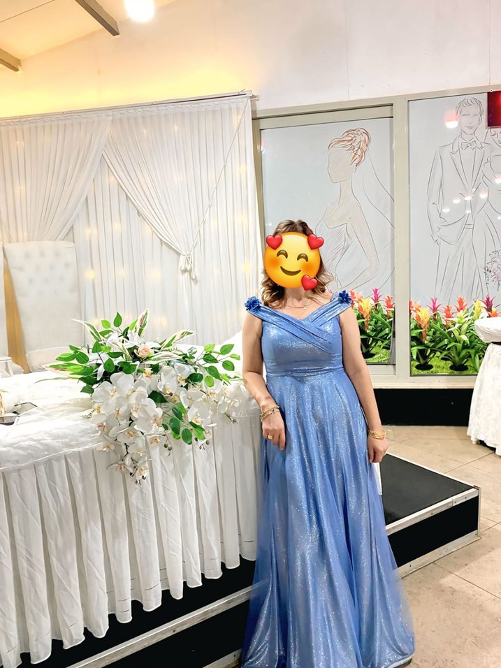 Kayık Yaka Drapeli Uzun Mavi Abiye Elbise - Görsel 2