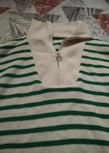 Yeşil Çizgili Örgü Salaş Kadın Kazak - Görsel 3