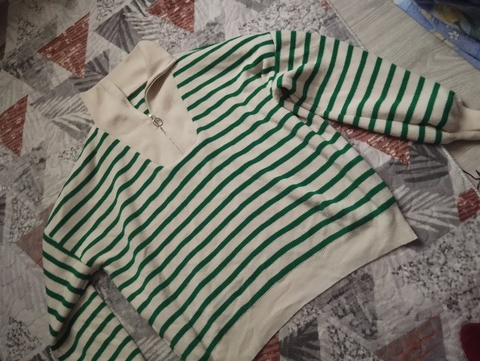 Yeşil Çizgili Örgü Salaş Kadın Kazak - Görsel 2