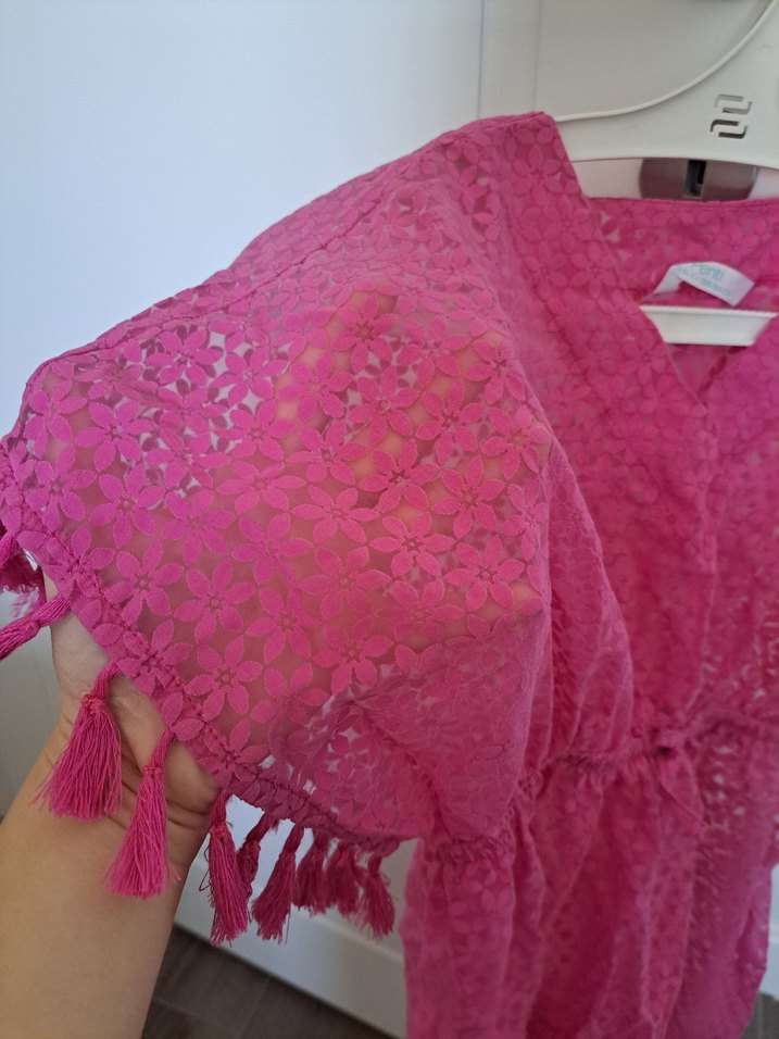 Kız Çocuk Dantel Detaylı V Yaka Pembe Kıyafeti - Görsel 2