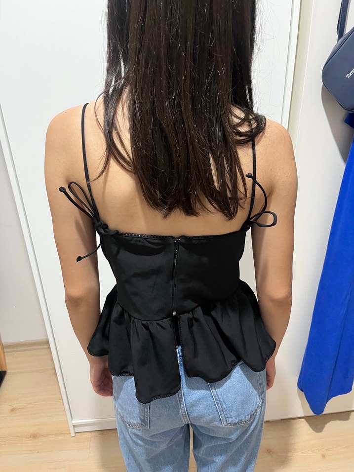 Siyah Denim Fırfırlı İnce Askılı Büstiyer - Görsel 2