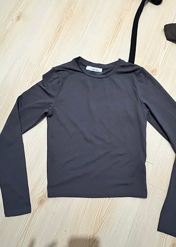 Gri Kadın Uzun Kollu Crop Top - Görsel 2