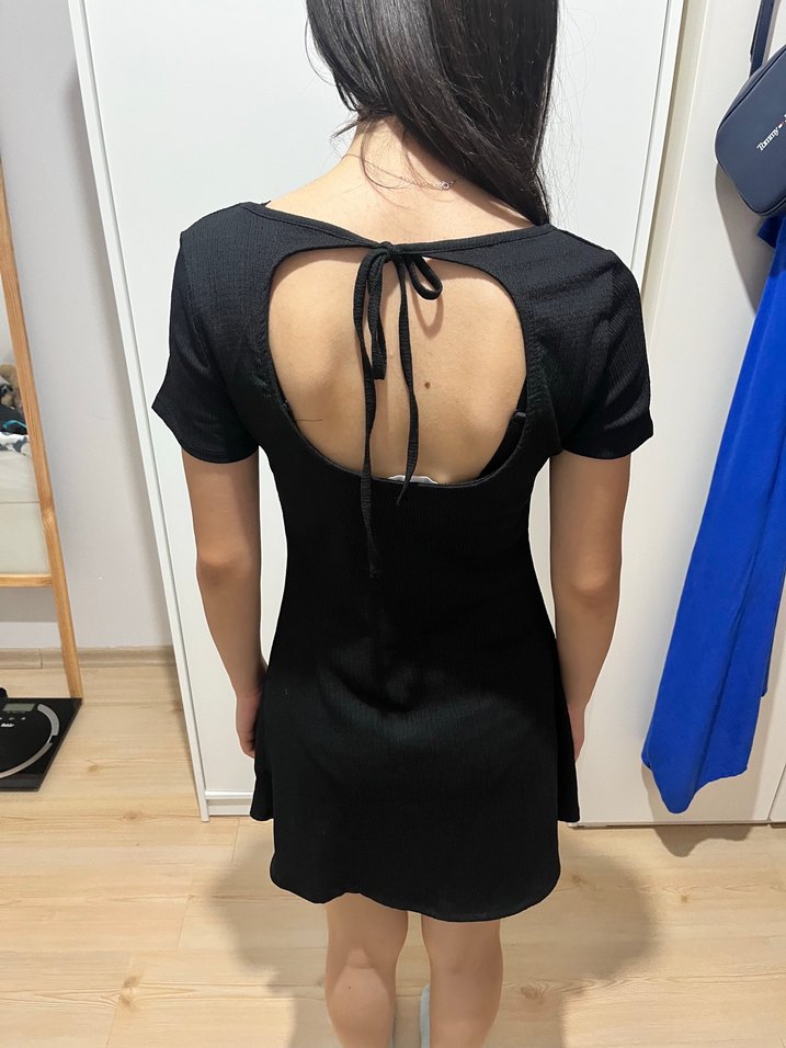 Siyah V Yakalı Mini Kadın Elbise - Görsel 2