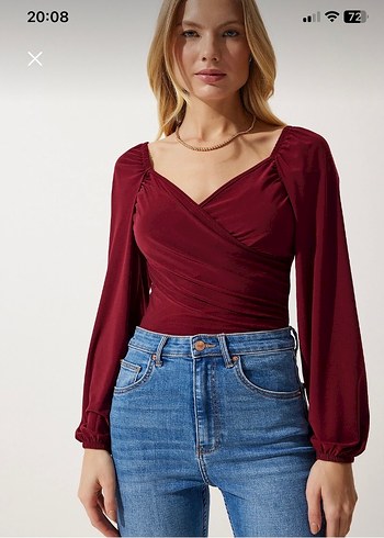 Bordo balon kollu örme bluz - Görsel 3