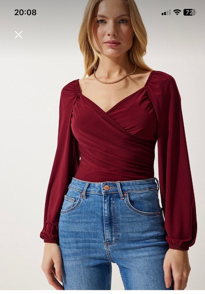 Bordo balon kollu örme bluz - Görsel 3
