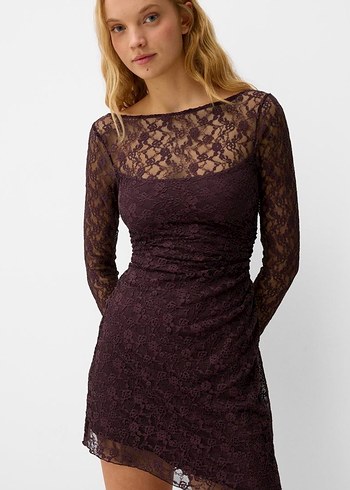 Bershka Dantelli Uzun Kollu Mini Mürdüm Elbise - Görsel 2