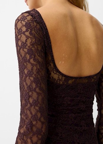 Bershka Dantelli Uzun Kollu Mini Mürdüm Elbise - Görsel 4