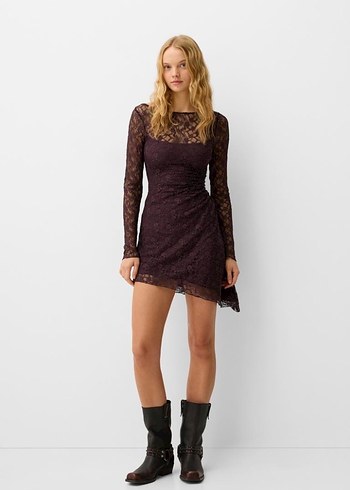 Bershka Dantelli Uzun Kollu Mini Mürdüm Elbise - Görsel 3