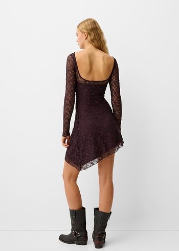 Bershka Dantelli Uzun Kollu Mini Mürdüm Elbise - Görsel 6