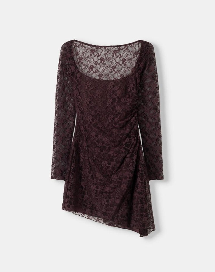 Bershka Dantelli Uzun Kollu Mini Mürdüm Elbise - Görsel 5