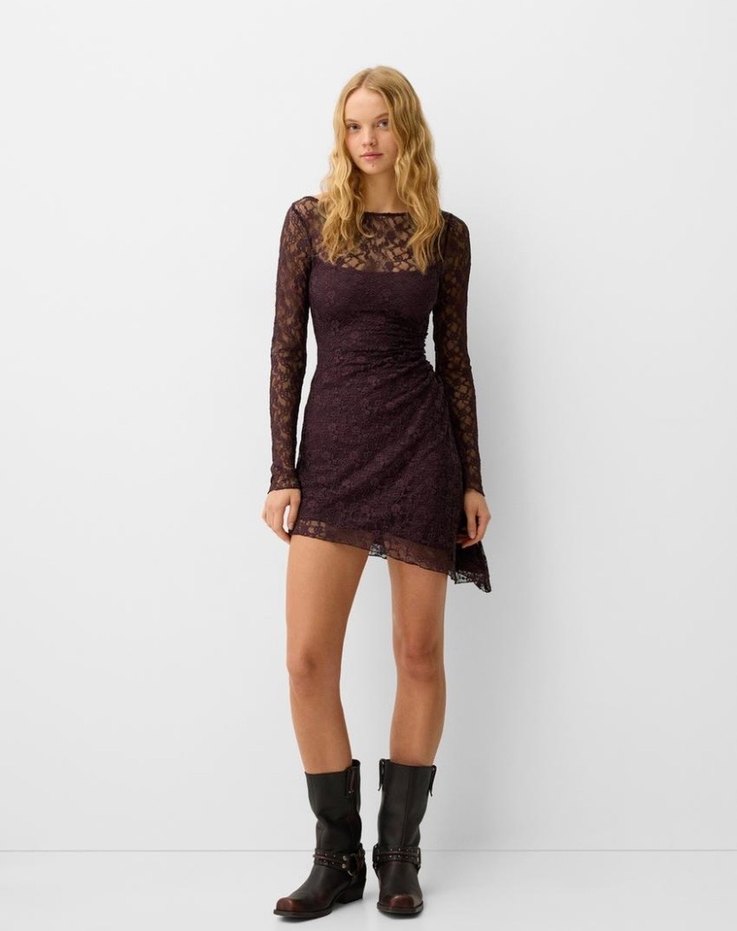 Bershka Dantelli Uzun Kollu Mini Mürdüm Elbise - Görsel 3